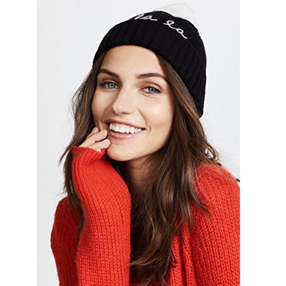 Kate Spade ‘ooh la la’ Pom Beanie Hat NWT in Black & White - Picture 3 of 14